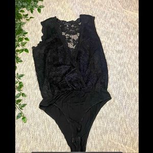 Black lace cross wrap one piece body suit